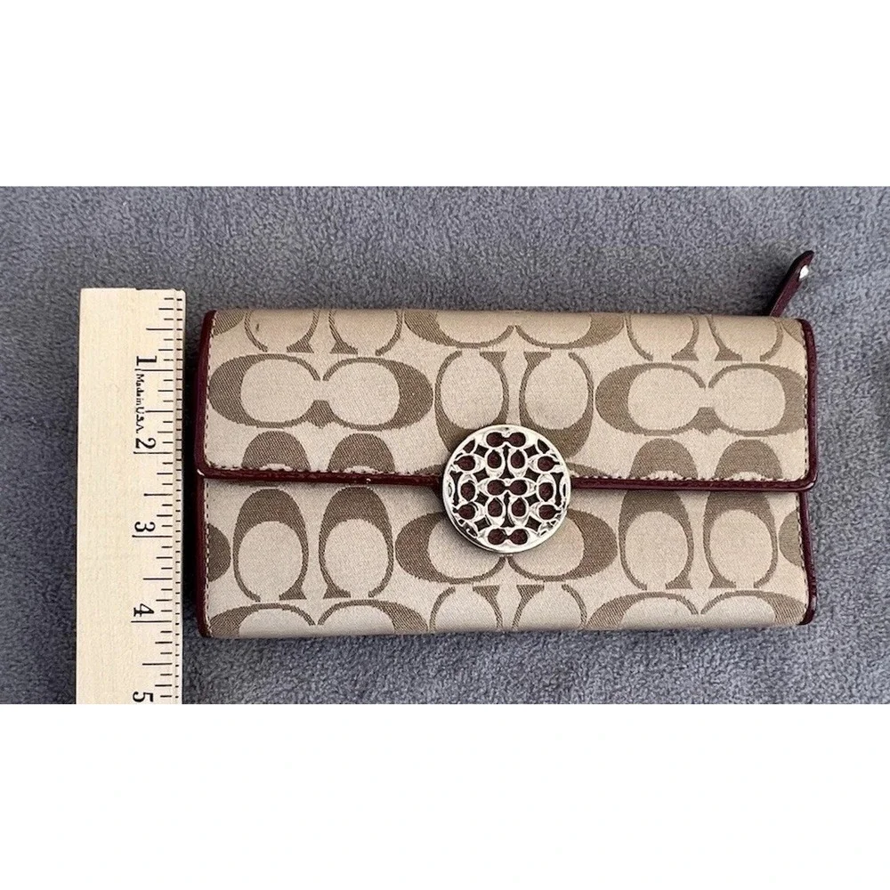 Coach Alexandra Signature C Jacquard Wallet Tan Burgundy Long Snap Closure